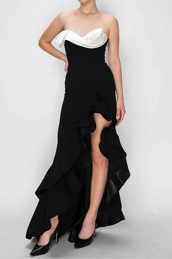 ACE CLUB E.V.E. Black Contrast Petal Bust Ruffle Maxi Dress