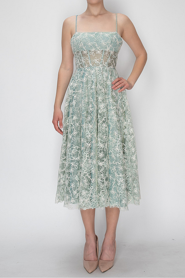 ACE CLUB E.V.E. Sage Floral Embroidered Lace Midi Dress
