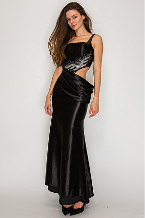 ACE CLUB E.V.E. Black Embellished Cutout Draped Satin Maxi Dress