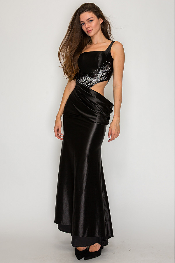 ACE CLUB E.V.E. Black Embellished Cutout Draped Satin Maxi Dress