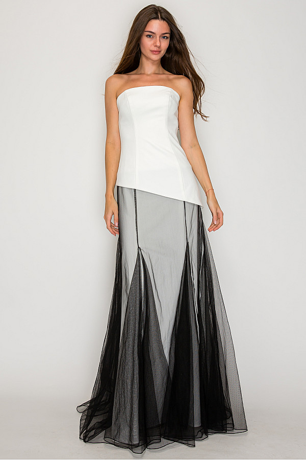 ACE CLUB E.V.E. White Crepe & Black Mesh Strapless Maxi Dress