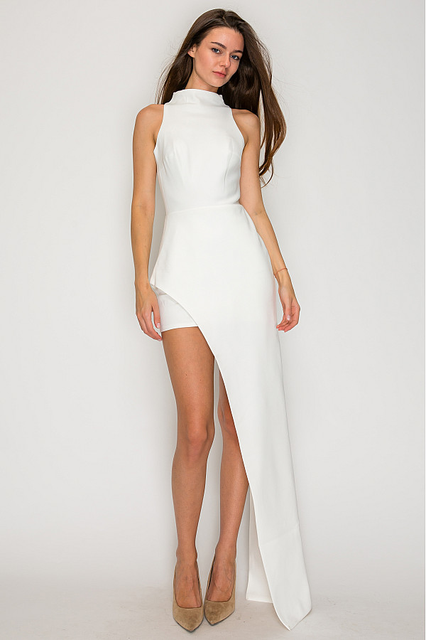 ACE CLUB E.V.E. White Sculpt Halter Asymmetric Mini Dress