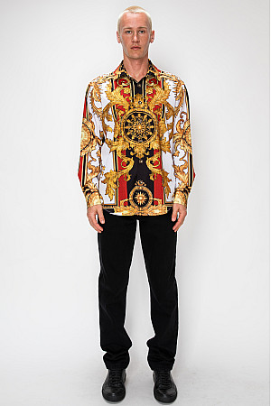 ACE CLUB Filigree Rhinestone Long Sleeve Shirt – White/Gold
